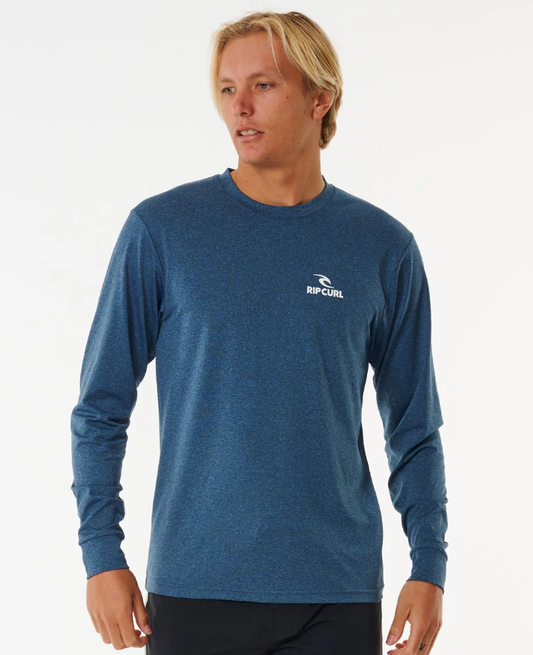 Rip Curl Stack Brand Icon UPF Long Sleeve Men's Rash Shirt in navy marle on model from front