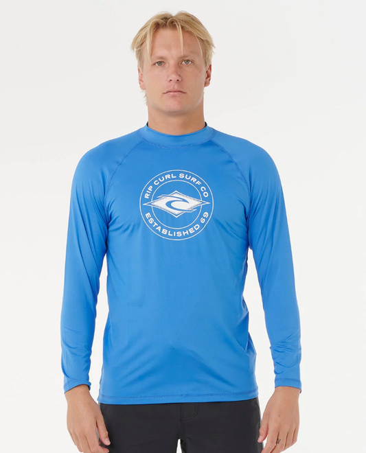 Rip Curl Stapler UPS Long Sleeve Men's Rash Shirt in blue gum from front