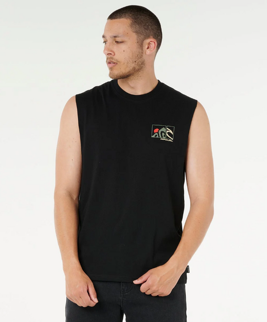 Rip Curl Vaporcool Search Peaks Muscle Tee in black from front
