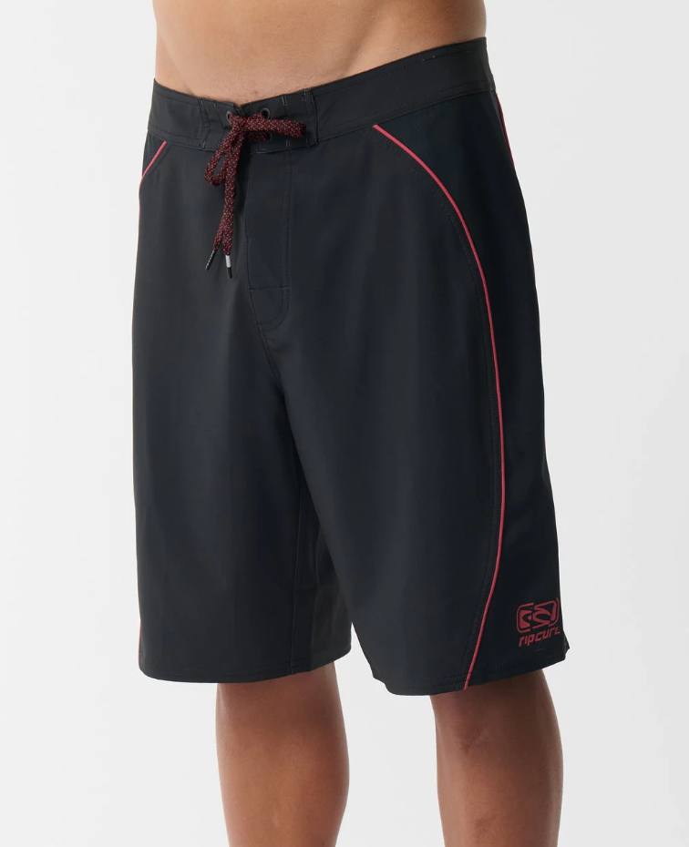 Rip Curl Mirage Archive Bender 21" Boardshorts in black with red detail on model from the front close up