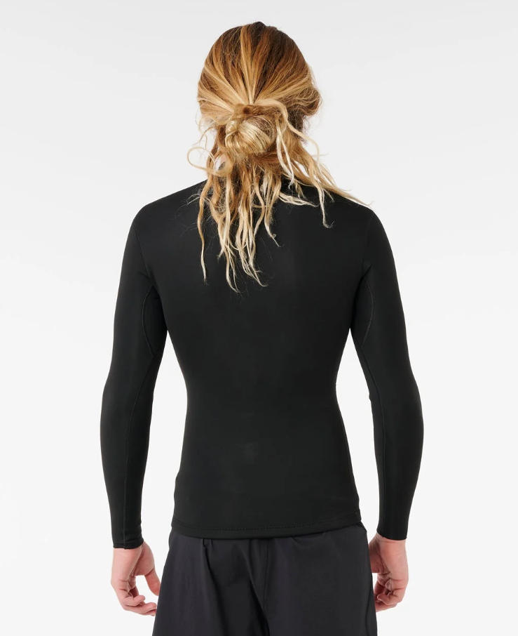 Rip Curl Dawn Patrol 1.5mm Long Sleeve Wetsuit Jacket in black on model in black boardshorts from back