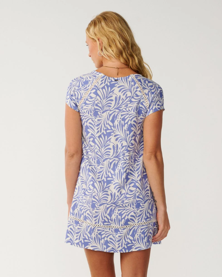 Rip Curl Party Wave Shift Dress in blue and white pattern on model from the back