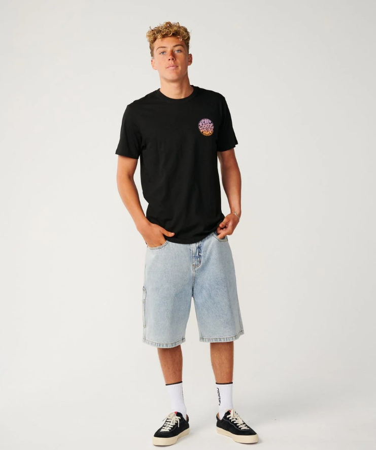 Rip Curl Wettie Passage Icon T-Shirt in black with purple and orange logo on model in light blue denim shorts 
