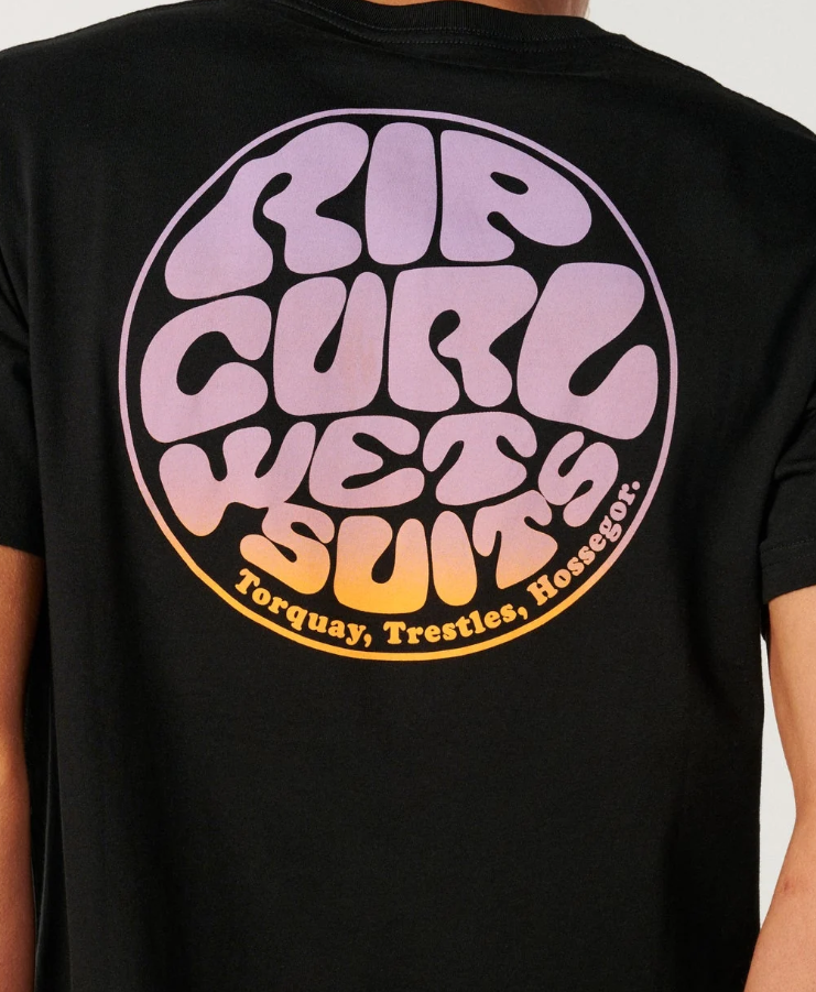 Rip Curl Wettie Passage Icon T-Shirt in black with purple and orange logo close up of back print