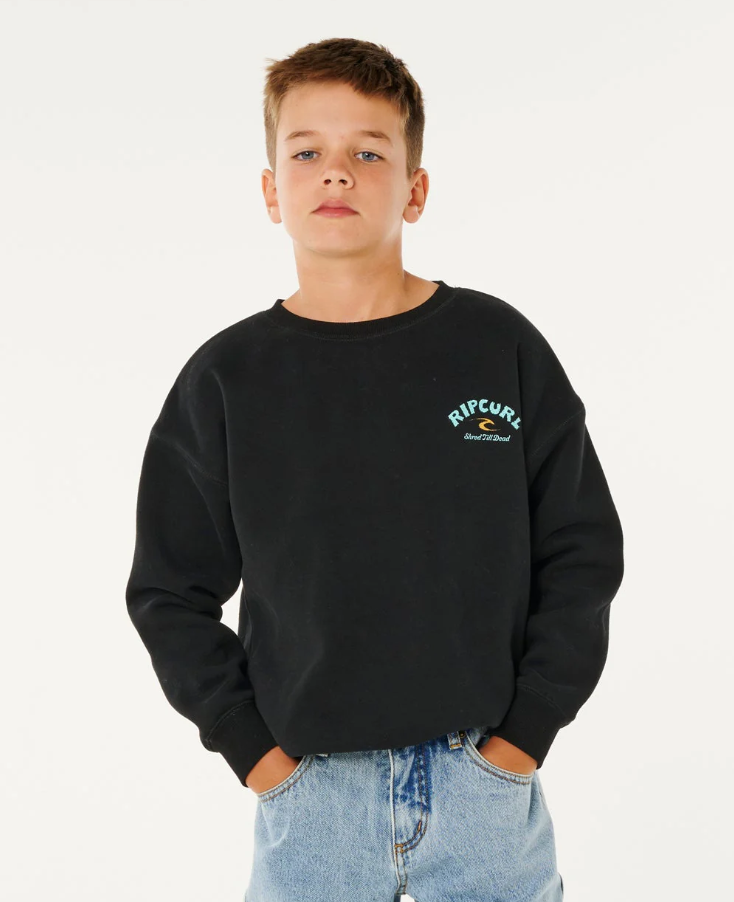 Rip Curl Shred Till Dead Boy's Crew in black on boy model front