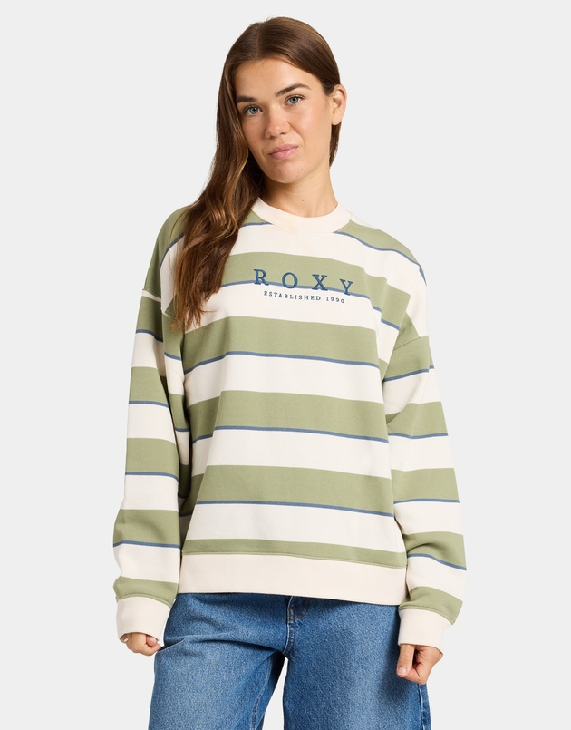 Roxy Strictly Stripes Oversized Crew in oil green with natural stripes from front
