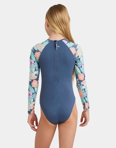 Roxy Active Floral RG Youth Onesie in vintage indigo floral on model from rear