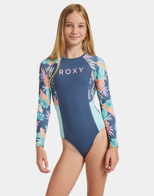 Roxy Active Floral RG Youth Onesie in vintage indigo floral on model from front