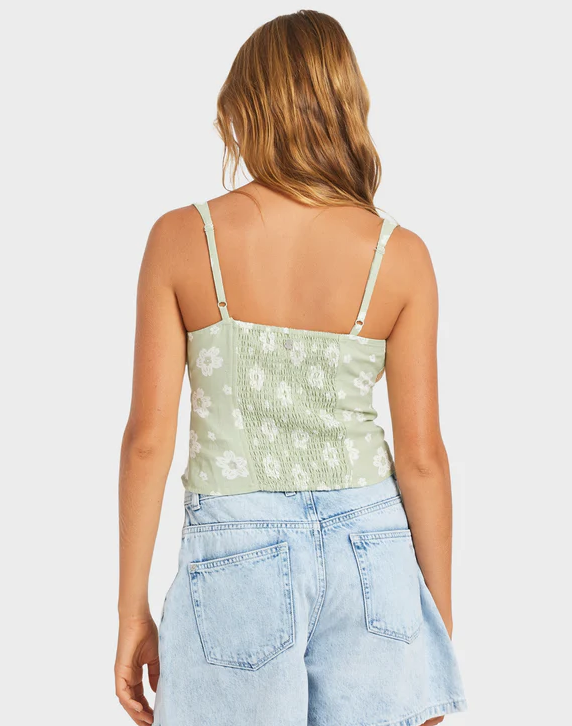 Roxy Blossom Sleeveless Fashion Top in sage green on lady back