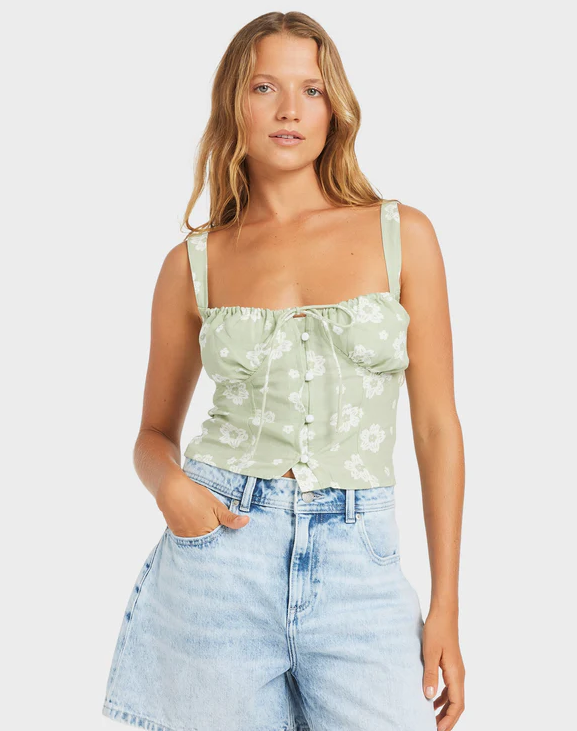 Roxy Blossom Sleeveless Fashion Top in sage green on lady front