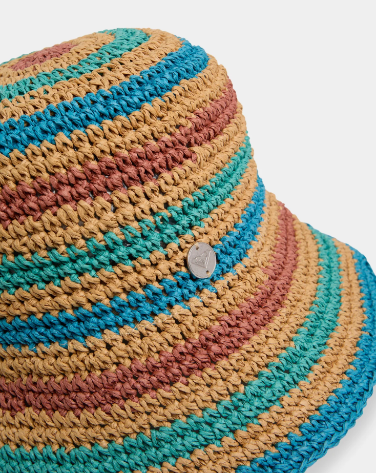 Roxy Dunes Straw Bucket Hat in multi colour close up
