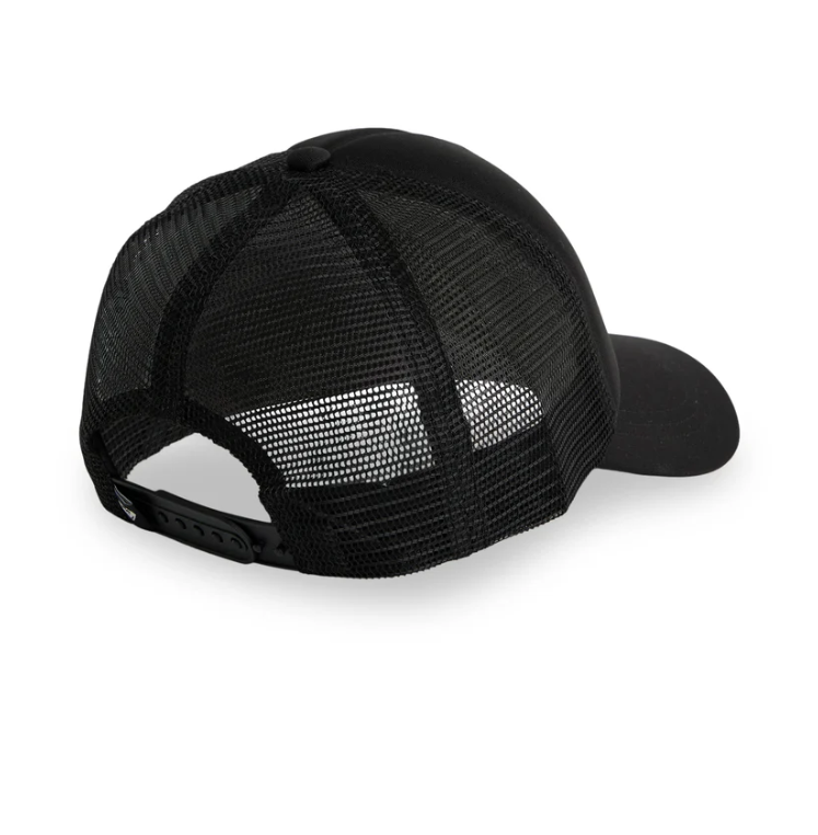 Roxy Finishline Women's Curved Peak Trucker Cap in black showing the mesh back angle