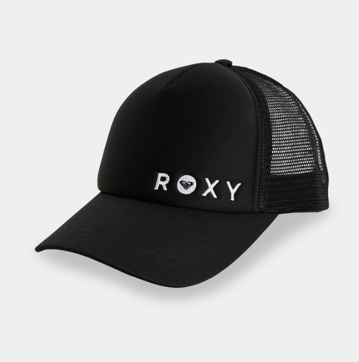 Roxy Finishline Women's Curved Peak Trucker Cap in black showing white embroidered Roxy logo