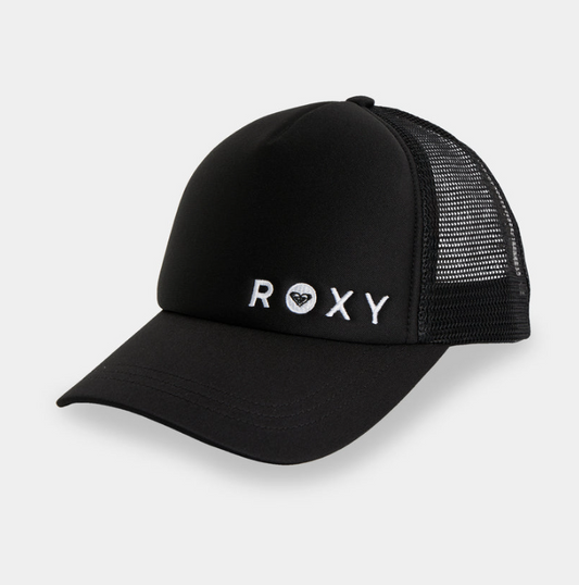 Roxy Finishline Women's Curved Peak Trucker Cap in black showing white embroidered Roxy logo