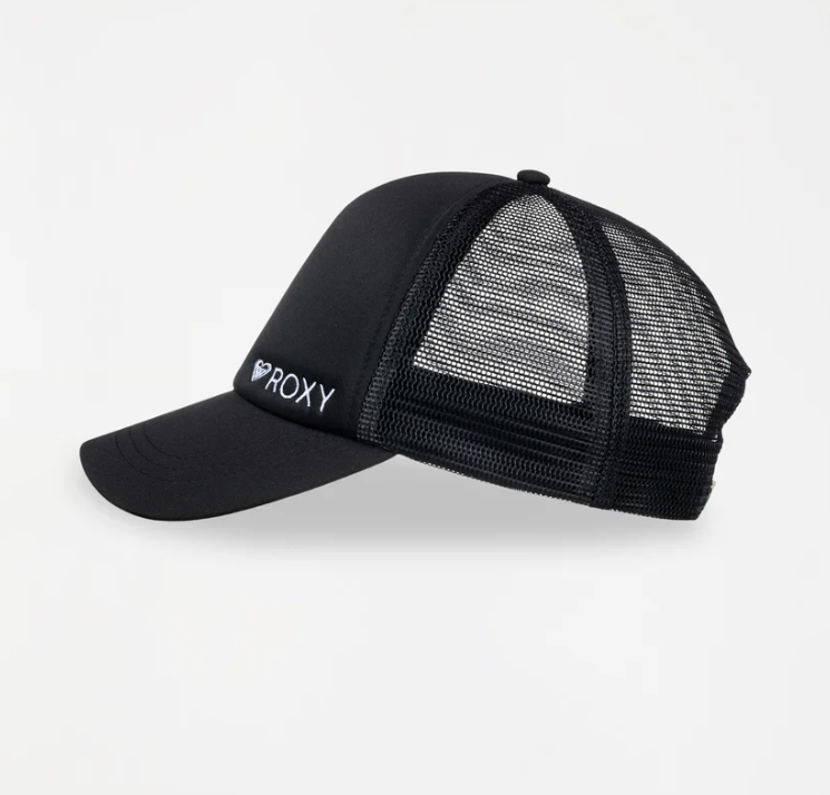 Roxy Finishline Women's Curved Peak Trucker Cap in black showing white embroidered Roxy logo from the side