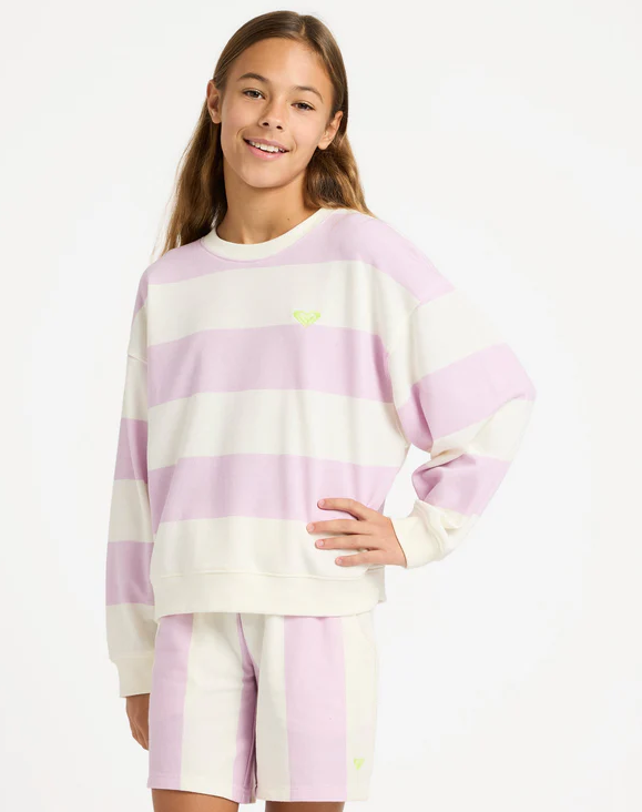 Roxy Girls Little Things Crew Neck in pink and white stripe on young model from the front
