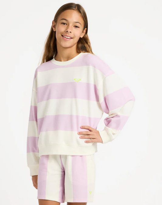 Roxy Girls Little Things Crew Neck in pink and white stripe on young model from the front