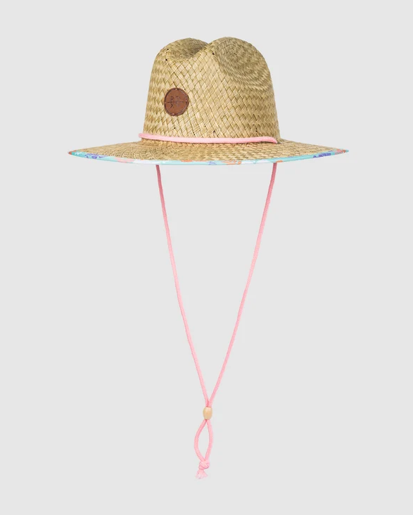 Roxy Pina To My Colada Kids Straw Hat in poweder pink colourway from the front