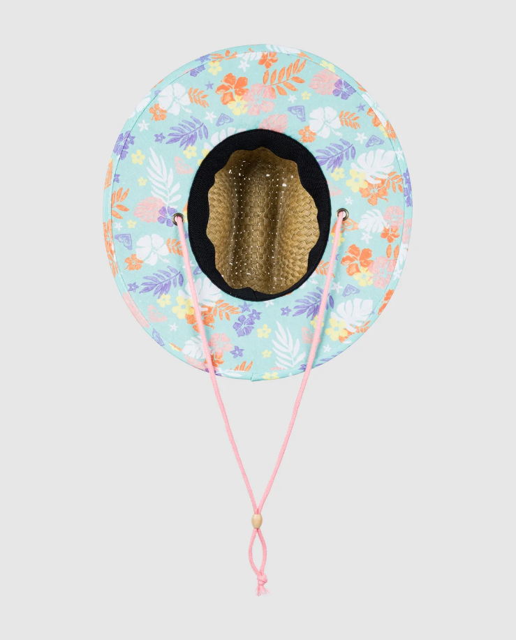 Roxy Pina To My Colada Kids Straw Hat in poweder pink colourway from the underneath showing the yardage