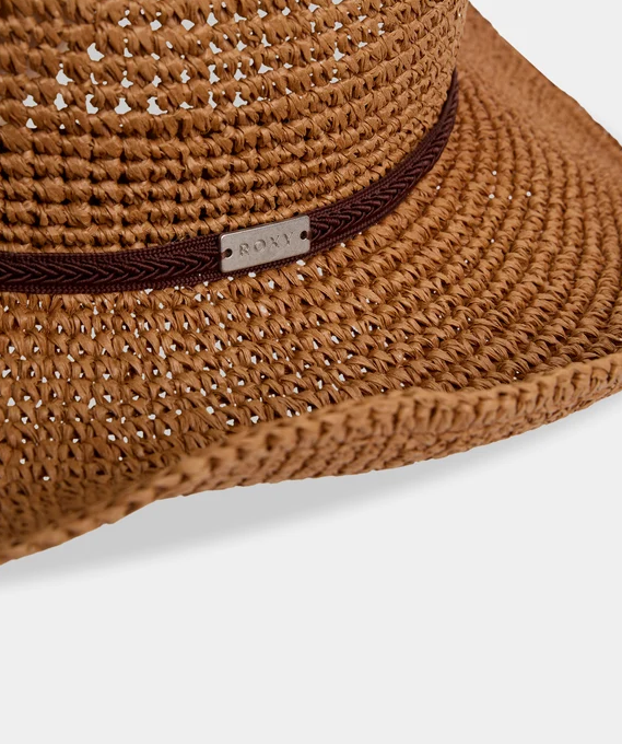 Roxy Rider Straw Cowgirl Hat in cinammon brown colourway from the front showing Roxy badge detailing up close