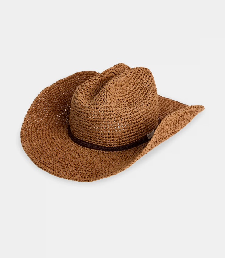 Roxy Rider Straw Cowgirl Hat in cinammon brown colourway from the front slight side view