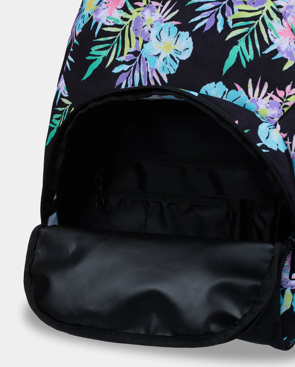 Roxy Shadow Swell Printed 24 Litre Backpack in anthracite with floral showing fron pocket opened