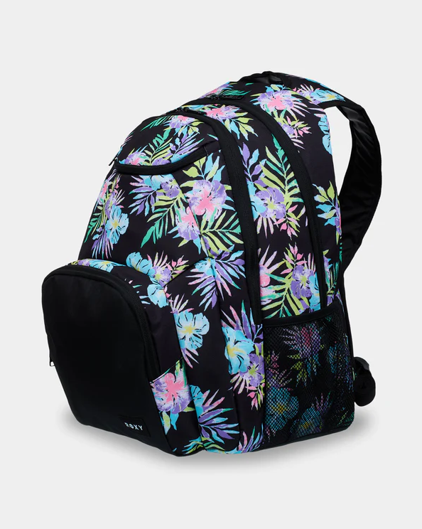 4 panel roxy kids backpack with water bottle netting on side in black with fluro beachy flowers theme 