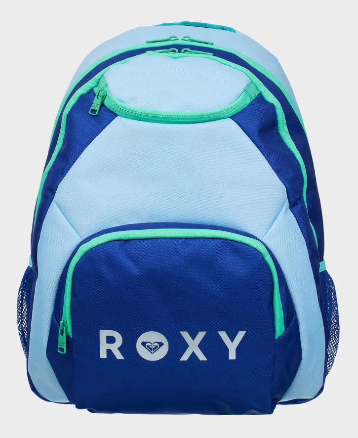 kids roxy 4 panel backpack with waterbottle side netting, in dark blue, light blue solid colour theme and terquious zipping 