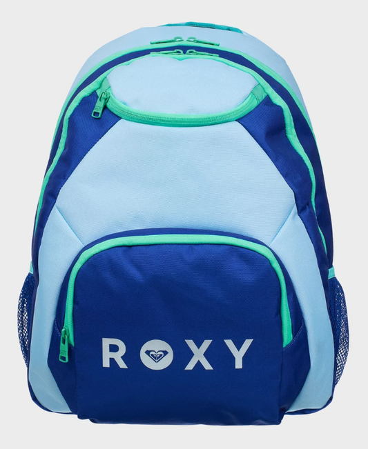 kids roxy 4 panel backpack with waterbottle side netting, in dark blue, light blue solid colour theme and terquious zipping 