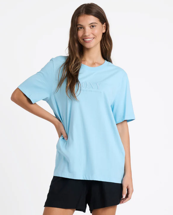 Roxy Womans Sweet Life Tee in sky blue on model from front