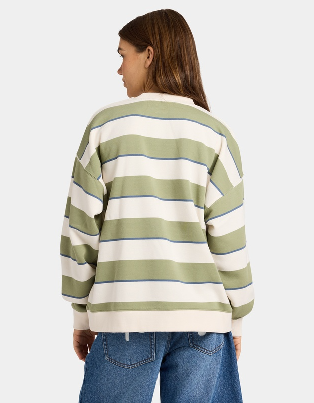 Roxy Strictly Stripes Oversized Crew in oil green with natural stripes from rear