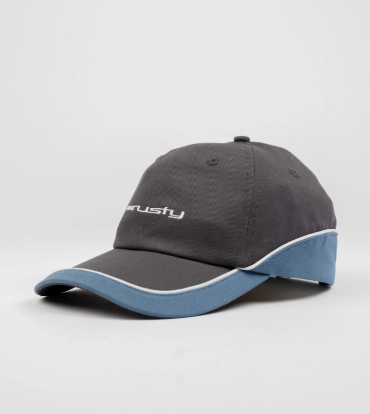 Rusty Double Dip Dad Cap in coal and blue colourway from front side view