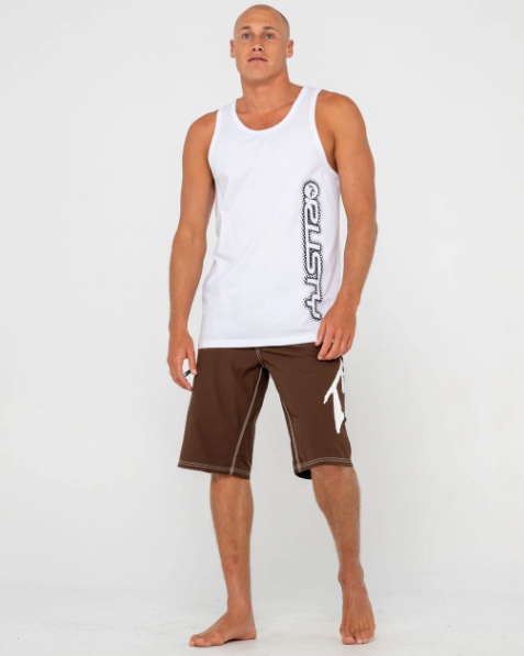 Rusty Network Error Mens Tank in white on model in brown boardshorts