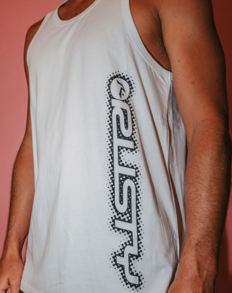 Rusty Network Error Mens Tank in white from front/side view