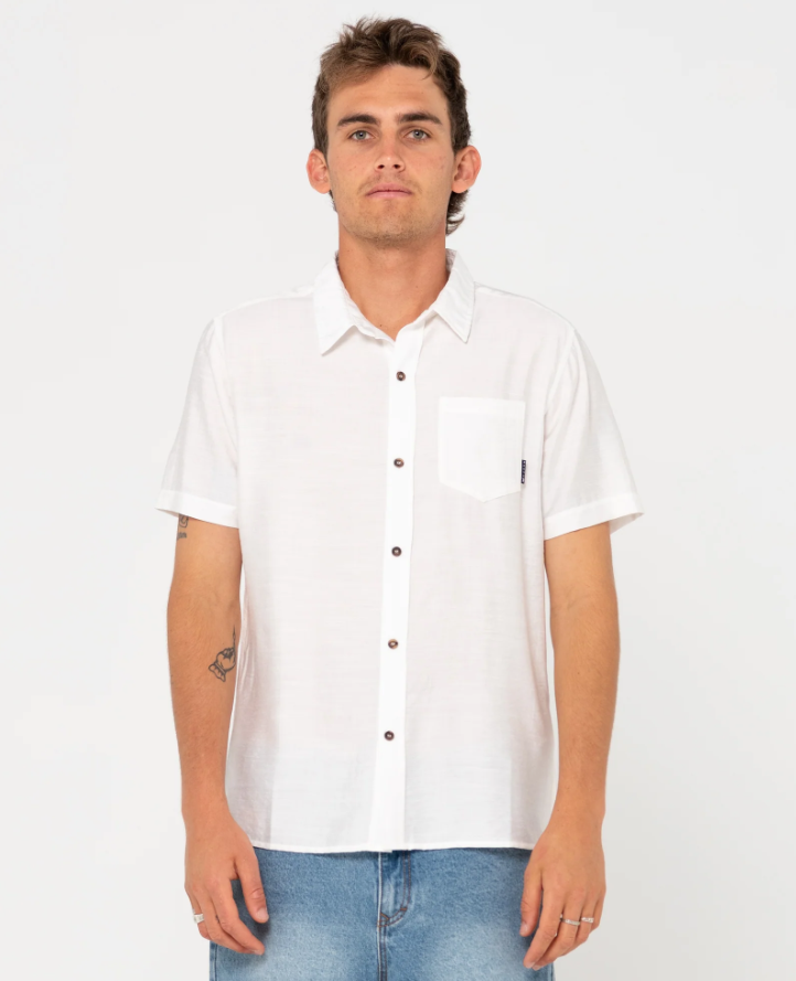 Rusty Razor Blade Men's Short Sleeve Shirt in whisper white on model from front