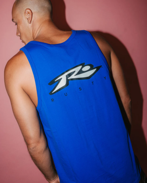 Rusty Registered Men's Tank in royal blue on model from  rear