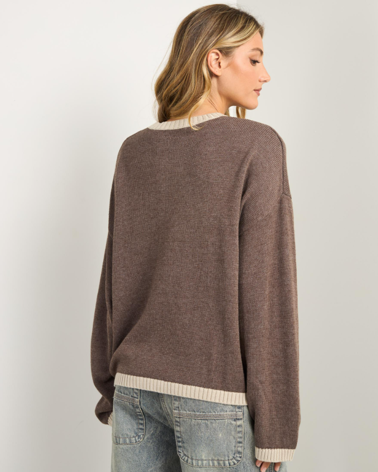 Rusty Rider Relaxed Crew Neck Knit in pinecone colourway on model from rear