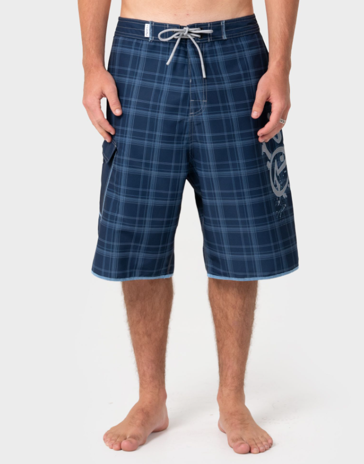 Rusty Scribbla 24" Fixed Waist Boardshorts in navy showing large left Rusty print from the front