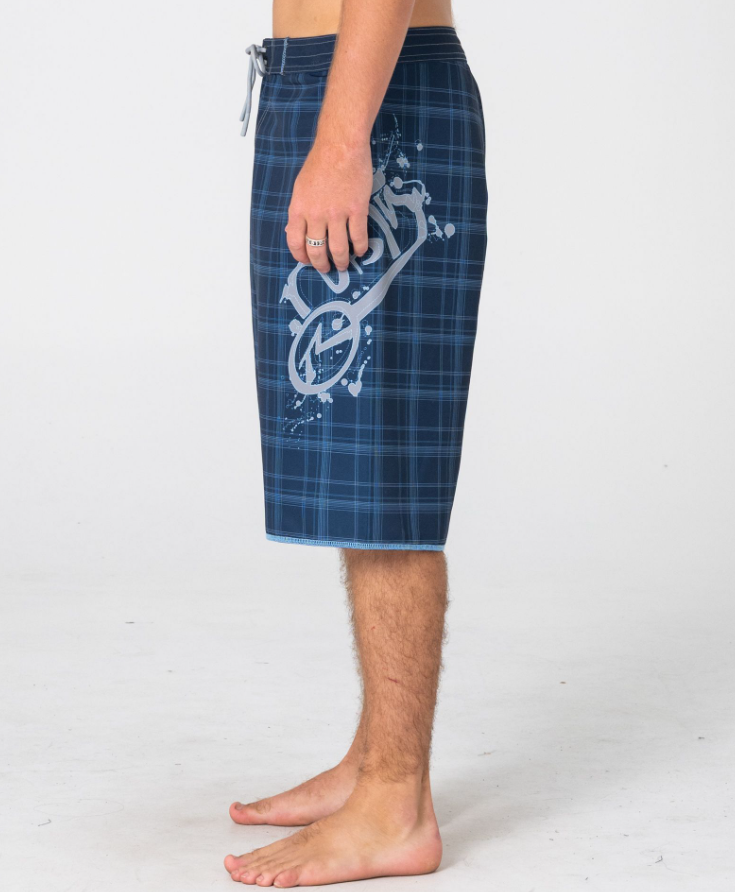 Rusty Scribbla 24" Fixed Waist Boardshorts in navy showing large left print from left side