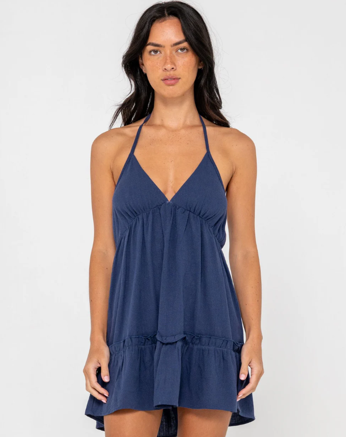 Rusty Sienna Mini Dress in Navy on lady front