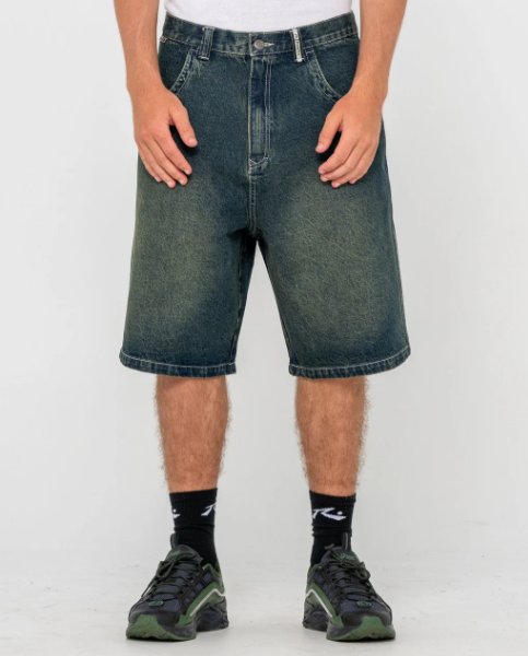 Rusty Stone Cold Baggy 24" Men's Denim Shorts in dark n dirty colourway  from front close up