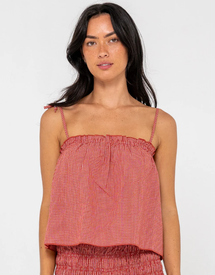 Rusty Summer Court Cami in red check on model from front