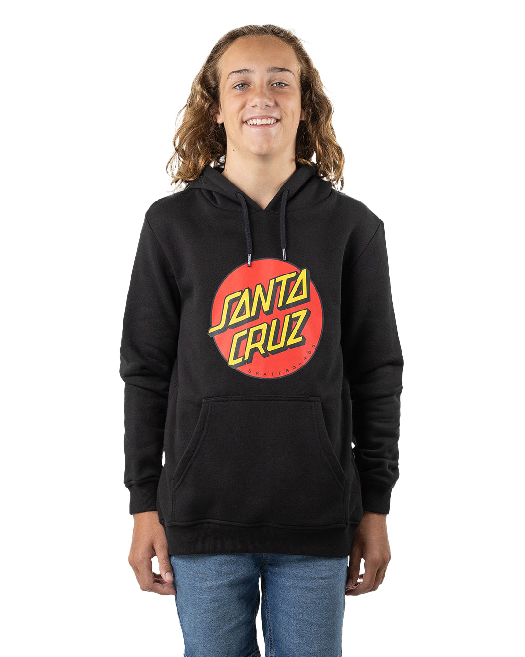 Santa Cruz Classic Front Dot Youth Hoodie in black on boy model from front