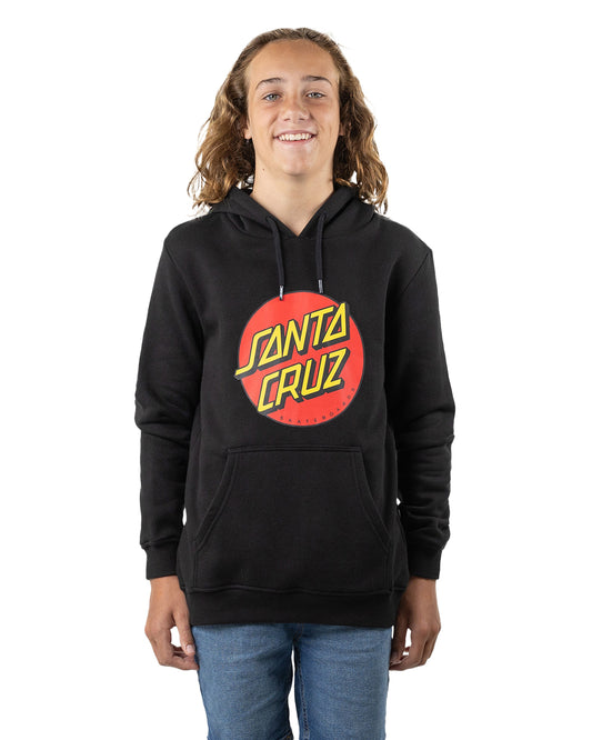 Santa Cruz Classic Front Dot Youth Hoodie in black on boy model from front