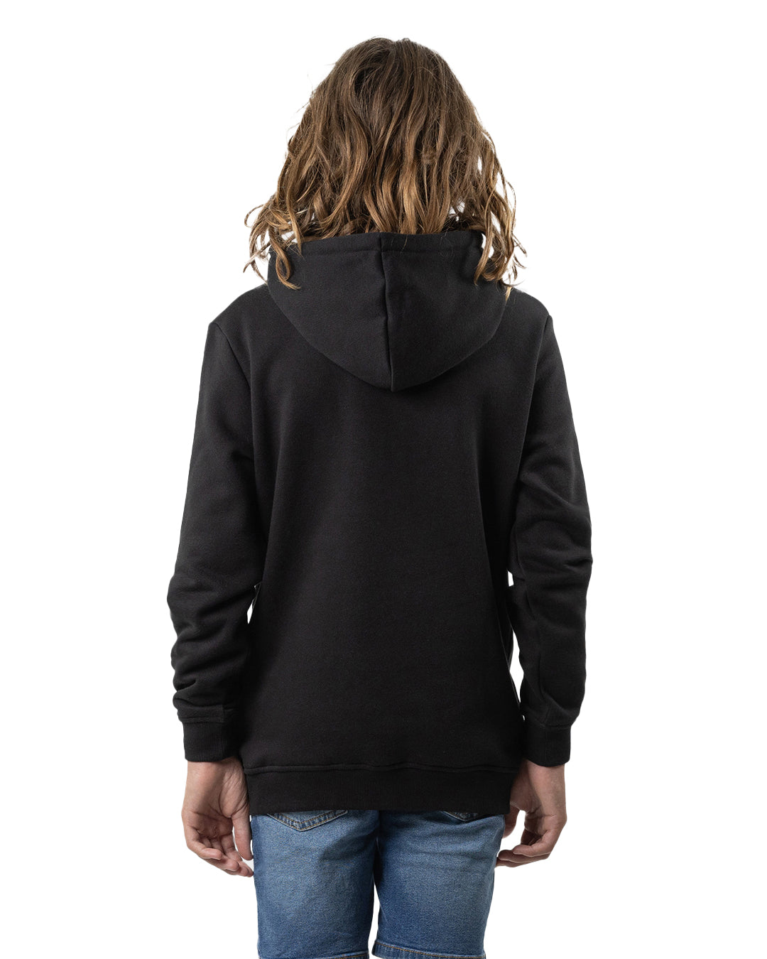 Santa Cruz Classic Front Dot Youth Hoodie in black on boy model from rear