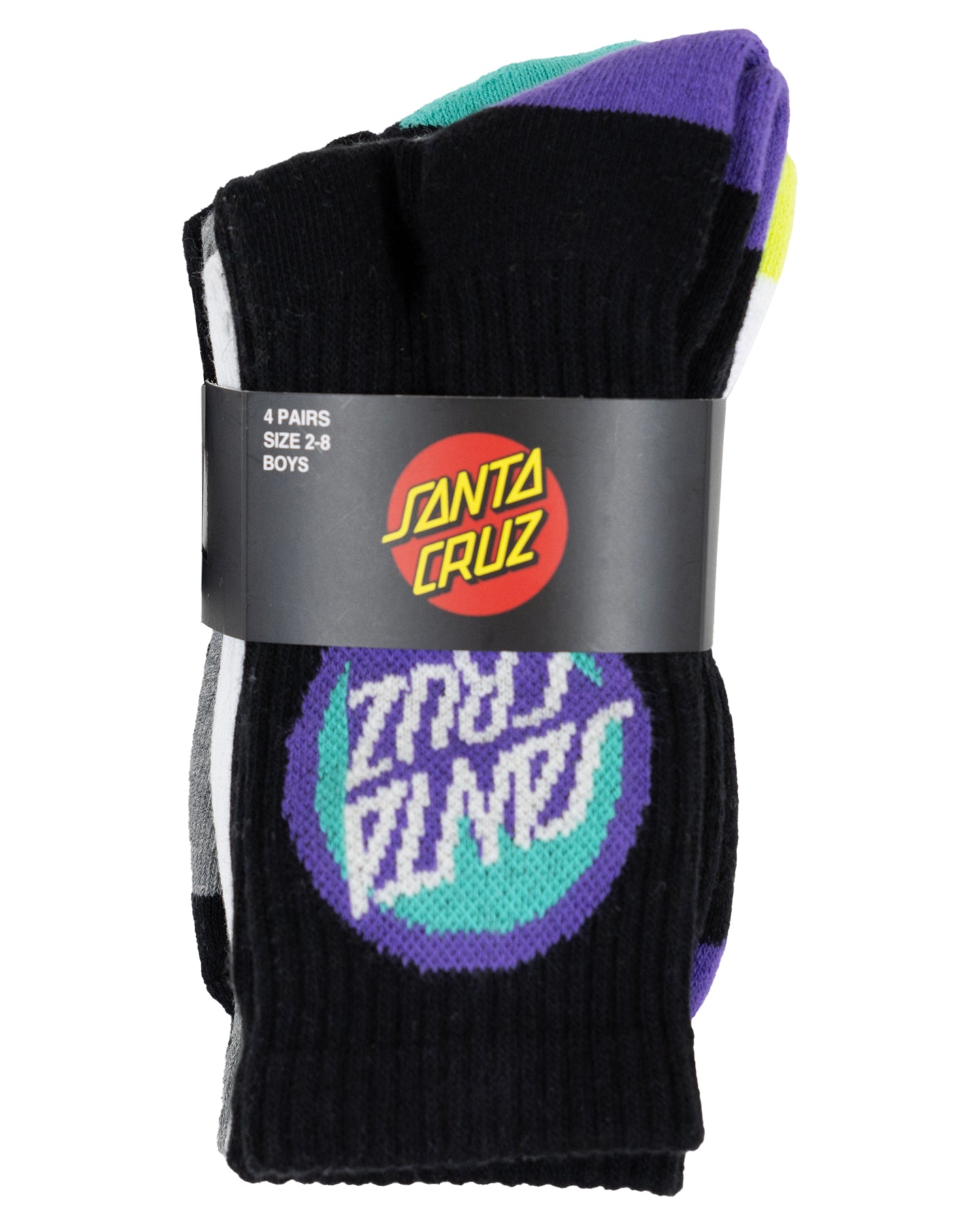 Santa Cruz Bold Shadow Dot Crew Youth Sock 4 Pack (2-8) in black, white and grey marle in package