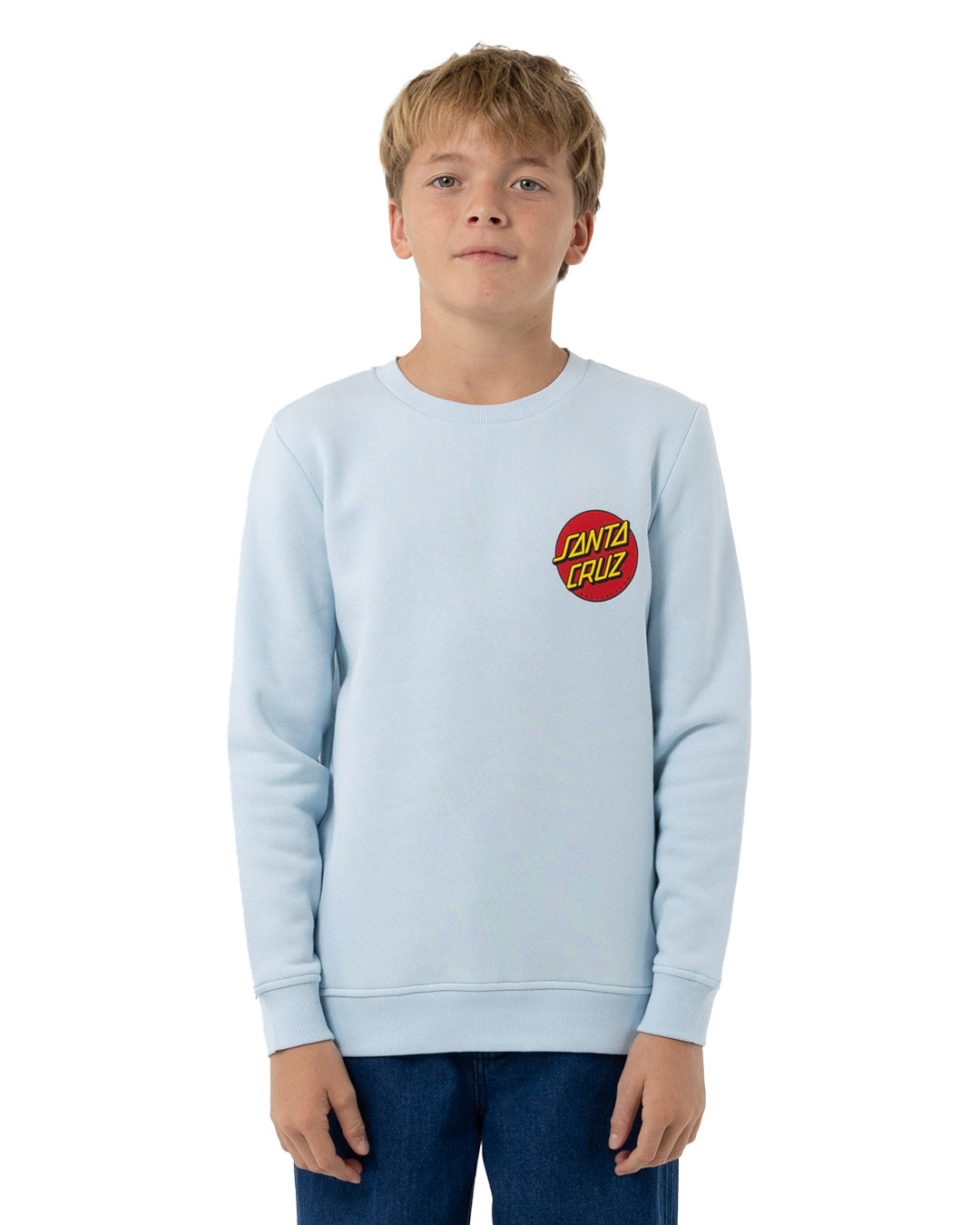 Santa Cruz Chest Dot Youth Crew in light blue on model from front