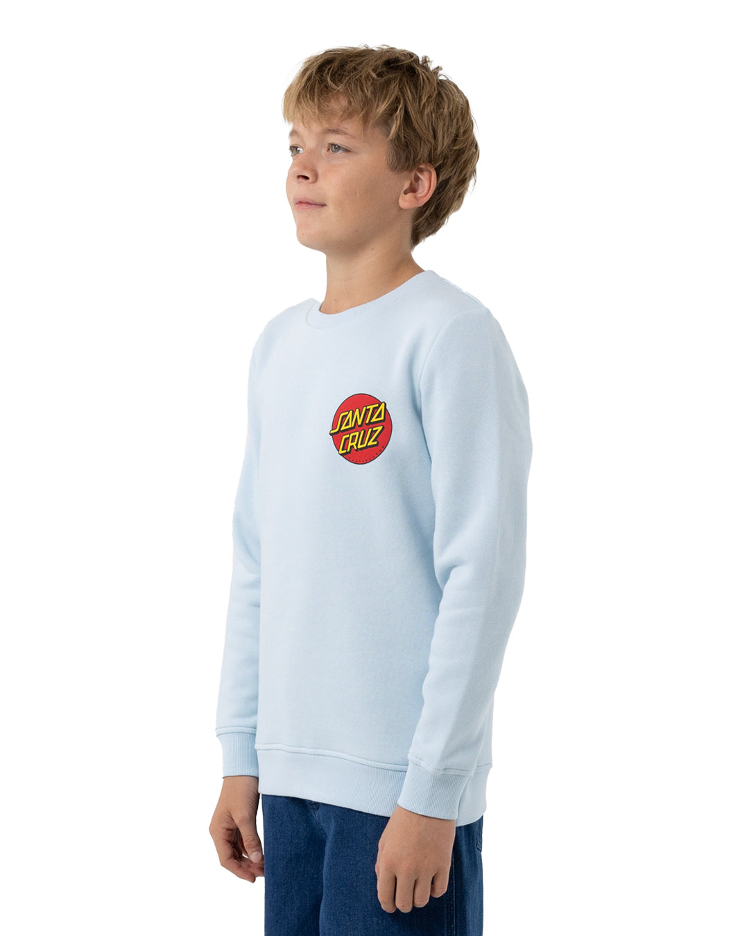 Santa Cruz Chest Dot Youth Crew in light blue on model from side