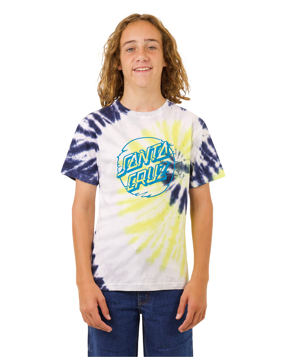 Santa Cruz Youth Vivid Dot Mono Front Tee in tie dye navy and yellow front view