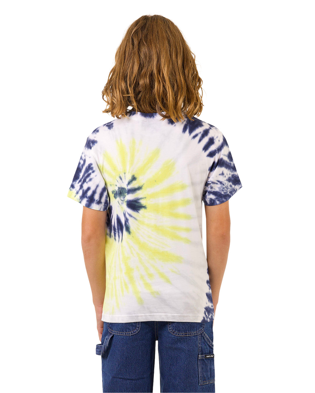 Santa Cruz Youth Vivid Dot Mono Front Tee in tie dye navy and yellow back view